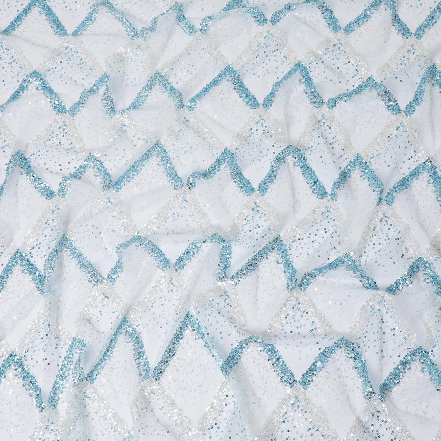 Powder blue nylon tulle fabric with same tone, blue sequins having same tone bead work in geometric design-D13793