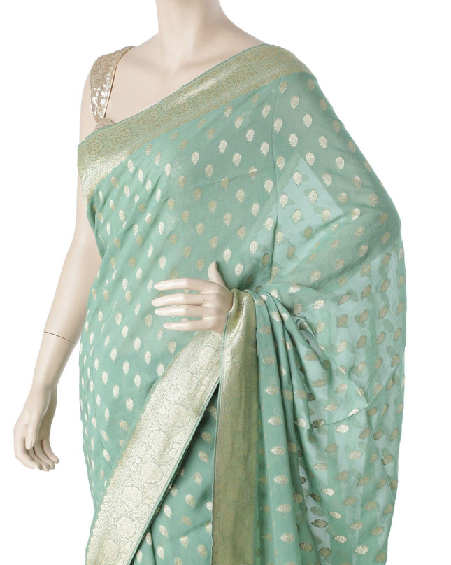 Laurel green blended synthetic chiffon saree with thin multicolor embroidery in fancy design