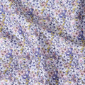 White cotton satin fabric with blue, baby pink and mustard yellow print in floral design-D11918 Regal Fabrics