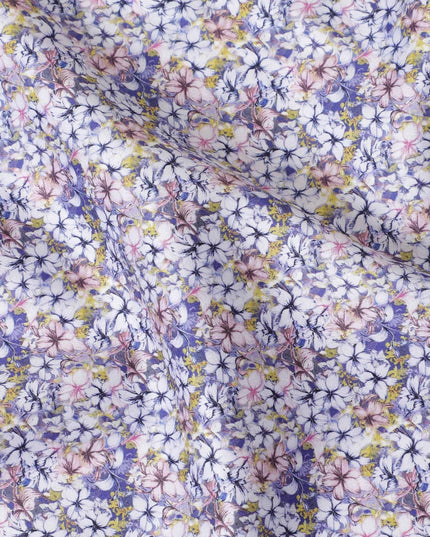 White cotton satin fabric with blue, baby pink and mustard yellow print in floral design-D11918 Regal Fabrics