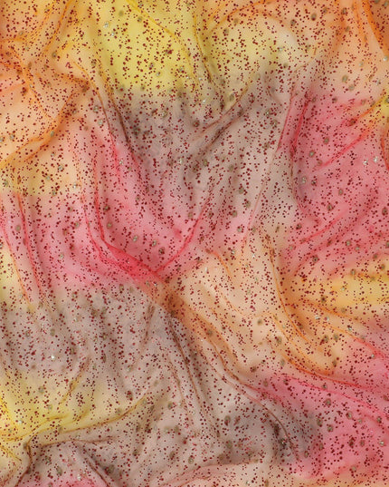 قماش من الشيفون الحريري باللون البرتقالي والأصفر الليموني والوردي الياقوتي مع بريق أحمر قرمزي ولوريكس معدني ذهبي بتصميم فاخر