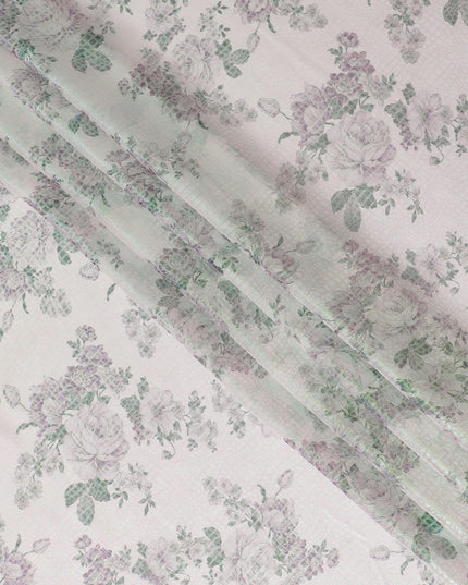 قماش شيفون من الحرير الخالص باللون الأبيض الفاتح مع طباعة متعددة الألوان مع لوريكس معدني أخضر نيون بتصميم الأزهار-D15465