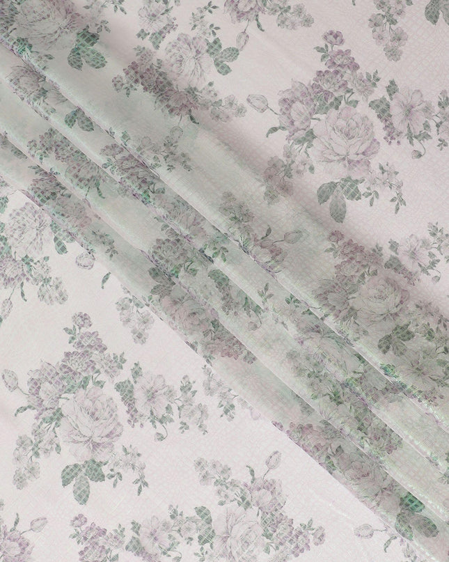 قماش شيفون من الحرير الخالص باللون الأبيض الفاتح مع طباعة متعددة الألوان مع لوريكس معدني أخضر نيون بتصميم الأزهار-D15465