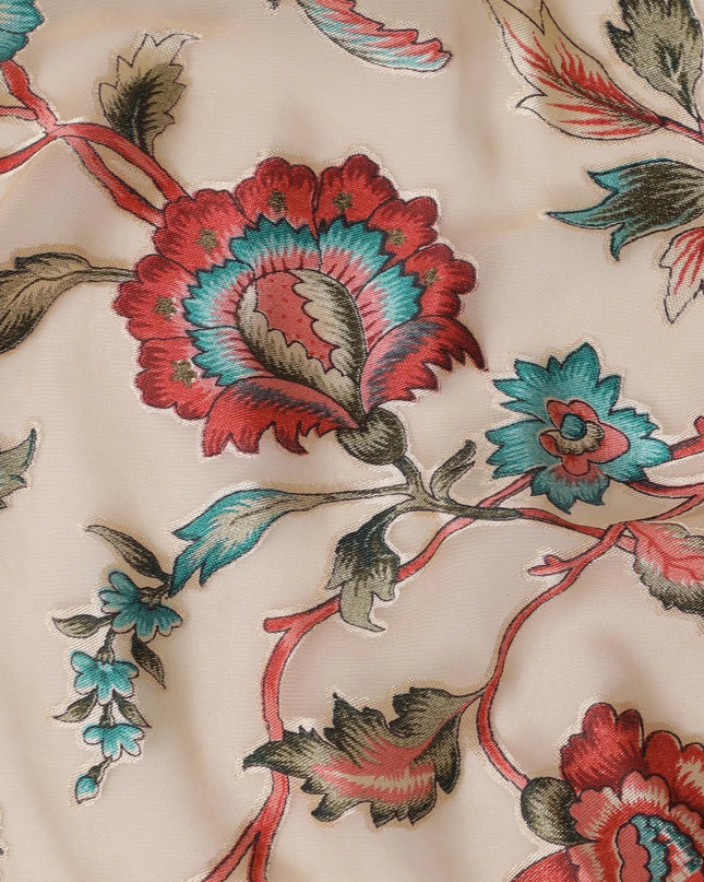 Pale brown synthetic chiffon fabric with multicolor print having jacquard in floral design-D13767 Regal Fabrics