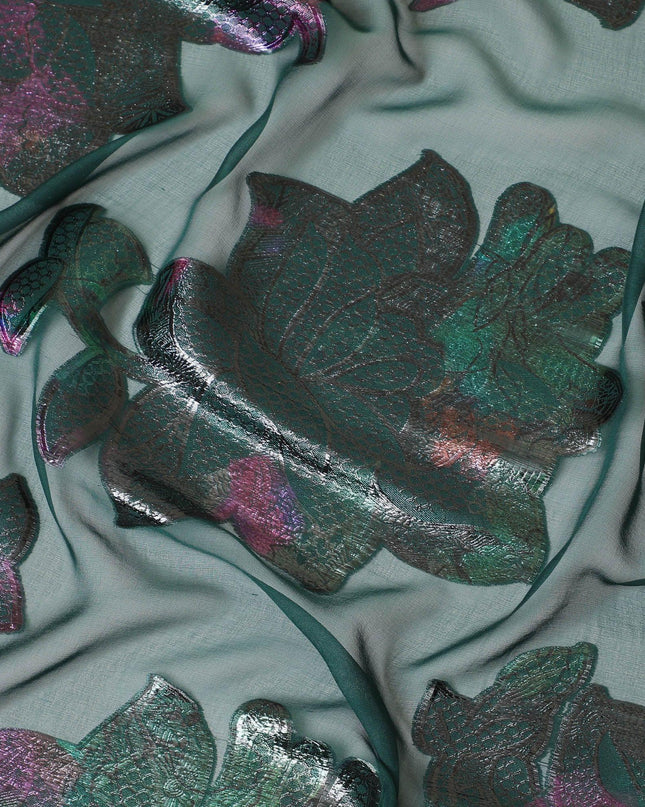 قماش شيفون من الحرير الخالص باللون الأخضر مع لوركس معدني متعدد الألوان بتصميم زهور -D8795