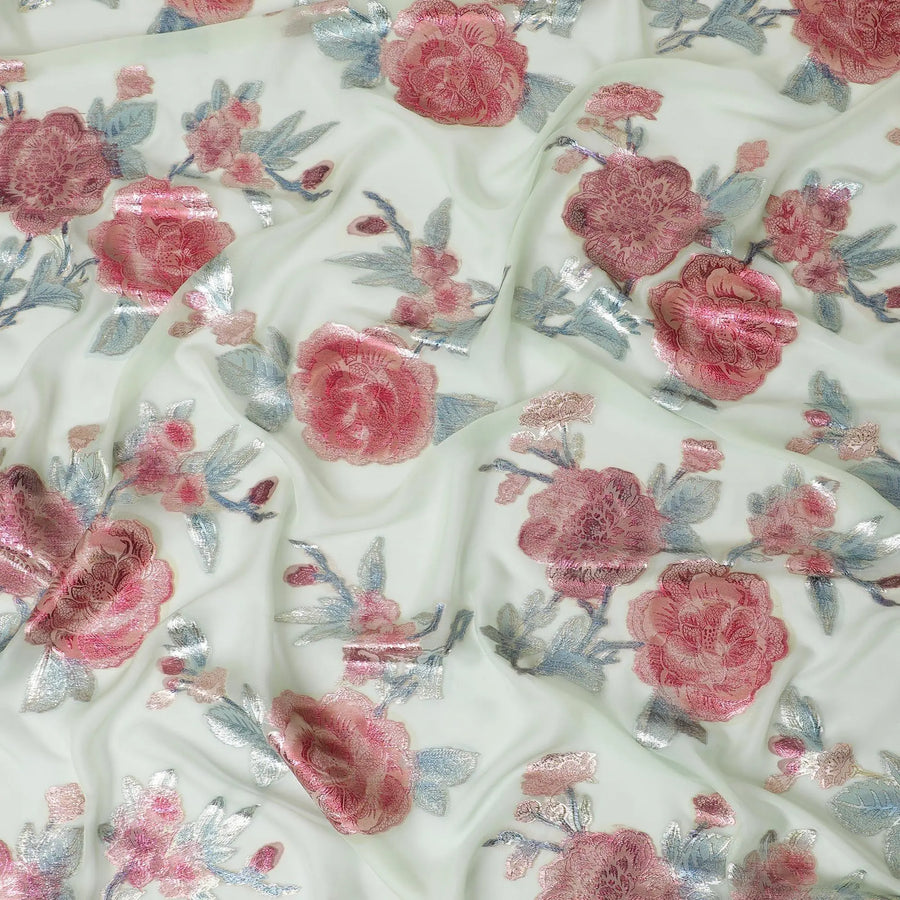 Tea green premium pure silk chiffon fabric with multicolor metallic lurex in floral design-D10776 Regal Fabrics