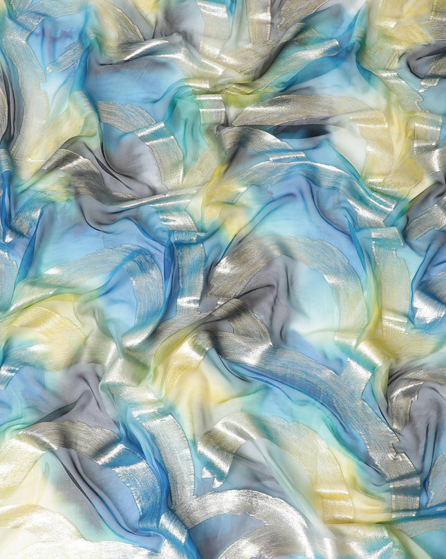 قماش شيفون من الحرير الخالص متعدد الألوان مع لوريكس معدني ذهبي بتصميم تجريدي-D9697
