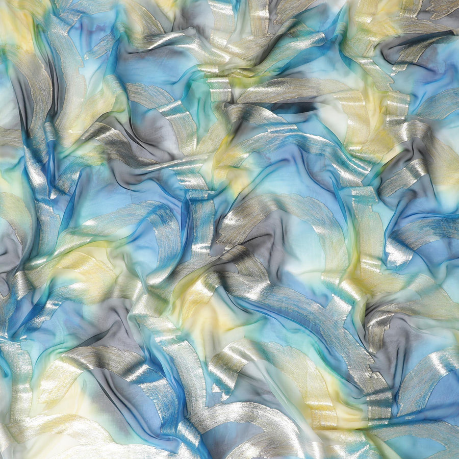 قماش شيفون من الحرير الخالص متعدد الألوان مع لوريكس معدني ذهبي بتصميم تجريدي-D9697