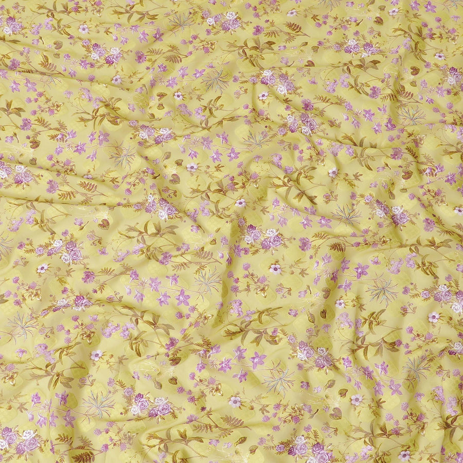 Light moss green Swiss cotton voile fabric with same tone jacquard having lavender, olive green and  magenta brown print in floral design-D6381