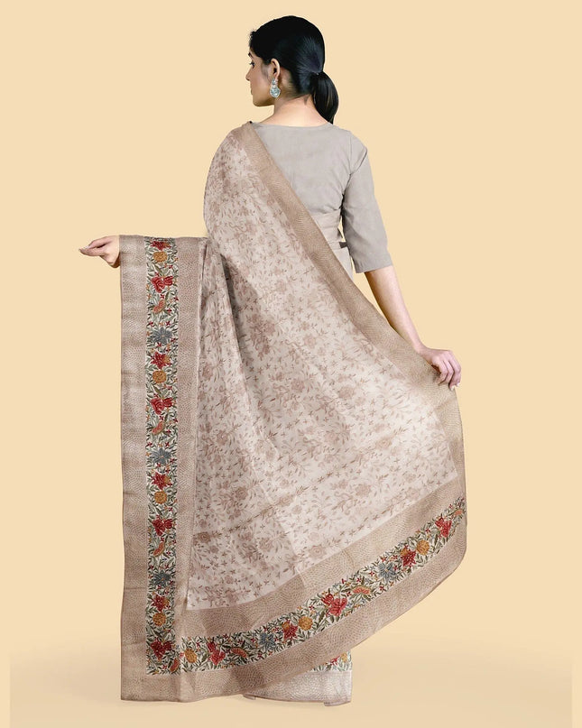 Oyster pink synthetic chiffon saree with multicolor embroidery, sequins and stone work in floral design. Same color blouse piece-D12758 Regal Fabrics