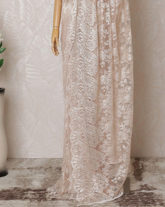Light pink, silver Premium pure French metallic chantilly lace saree in floral design-D14552