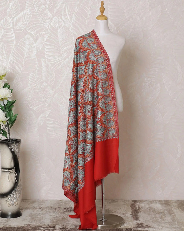 Crimson red Premium pure kashmiri shawl with gold and baby blue jacquard in floral design-D14943 Regal Fabrics