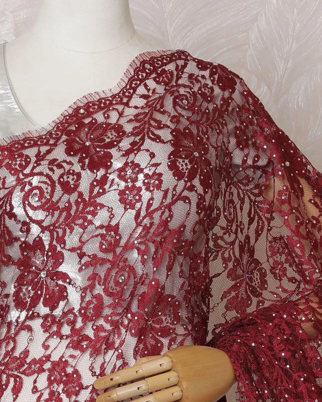 Crimson red Premium pure French chantilly lace saree having stone work in floral design-D14594 Regal Fabrics