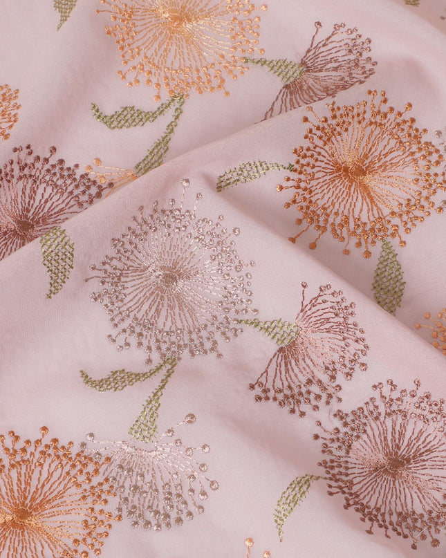 Light pink cotton voile fabric with same tone, sage green and peach embroidery in floral design-D14468