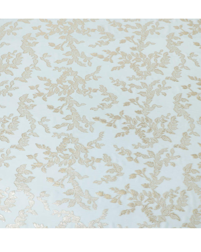 قماش شيفون من الحرير الخالص الفاخر باللون الأزرق الفاتح مع لوريكس معدني ذهبي بتصميم أوراق الشجر -D15448