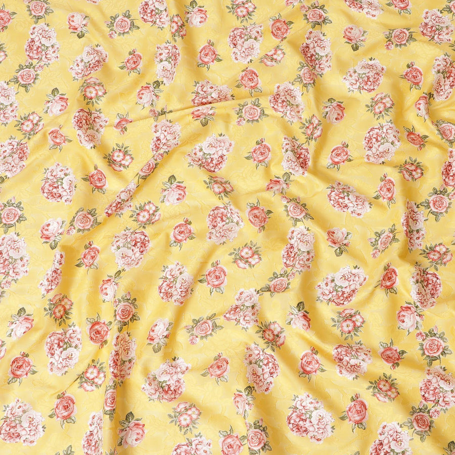 Cyber yellow uragiri cotton voile fabric with same tone jacquard having multicolor print in floral design-D10050
