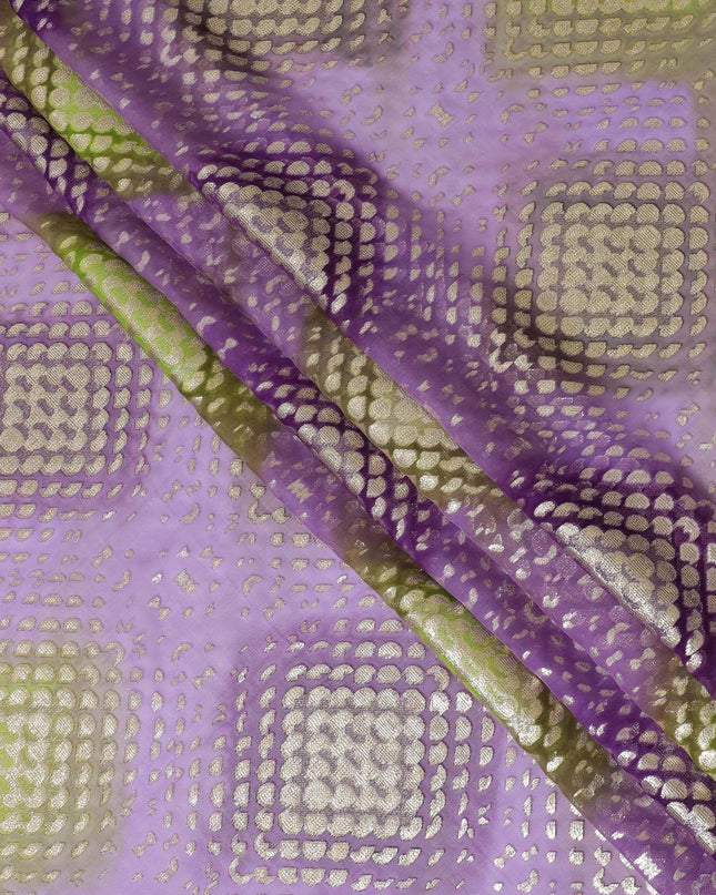 قماش شيفون من الحرير الخالص باللون الأرجواني مع طباعة باريس باللون الأخضر مع لوريكس معدني ذهبي بتصميم منقط-D14300