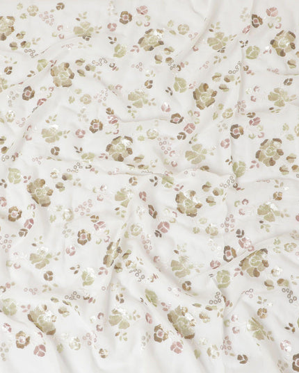 قماش شيفون من الحرير الخالص باللون الأبيض الفاتح بنفس اللون، وتطريز بالترتر بتصميم الأزهار-D13677