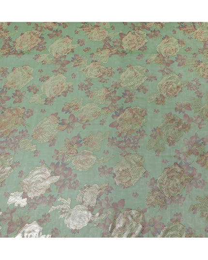 قماش شيفون من الحرير الخالص الفاخر باللون الأخضر الغابة مع طباعة بنية اللون مع لوريكس معدني ذهبي بتصميم زهور-D10782