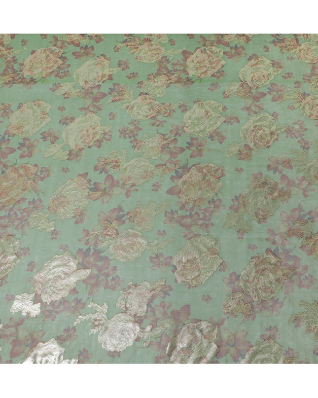 قماش شيفون من الحرير الخالص الفاخر باللون الأخضر الغابة مع طباعة بنية اللون مع لوريكس معدني ذهبي بتصميم زهور-D10782