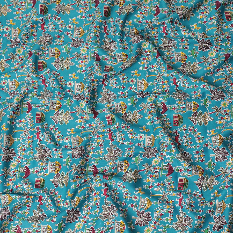 قماش فوال قطني باللون الأزرق الفيروزي مع طباعة متعددة الألوان بتصميم فاخر-D15419