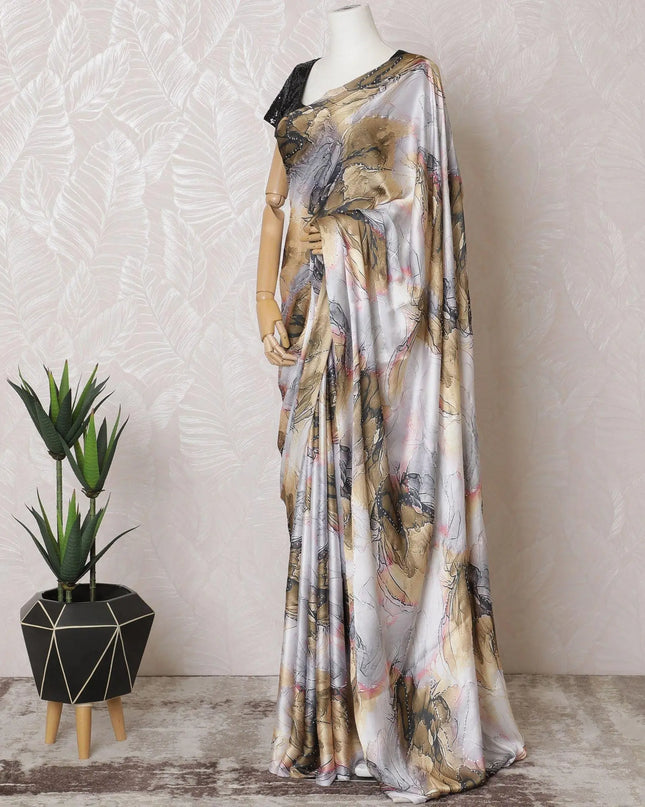 Multicolor printed synthetic satin saree having stone work in fancy deisgn-D15515 Regal Fabrics