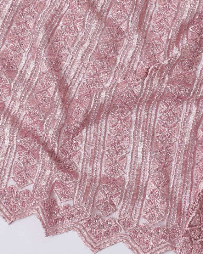 Rose pink nylon tulle fabric with same tone embroidery and beads in stripe design-D11697 Regal Fabrics