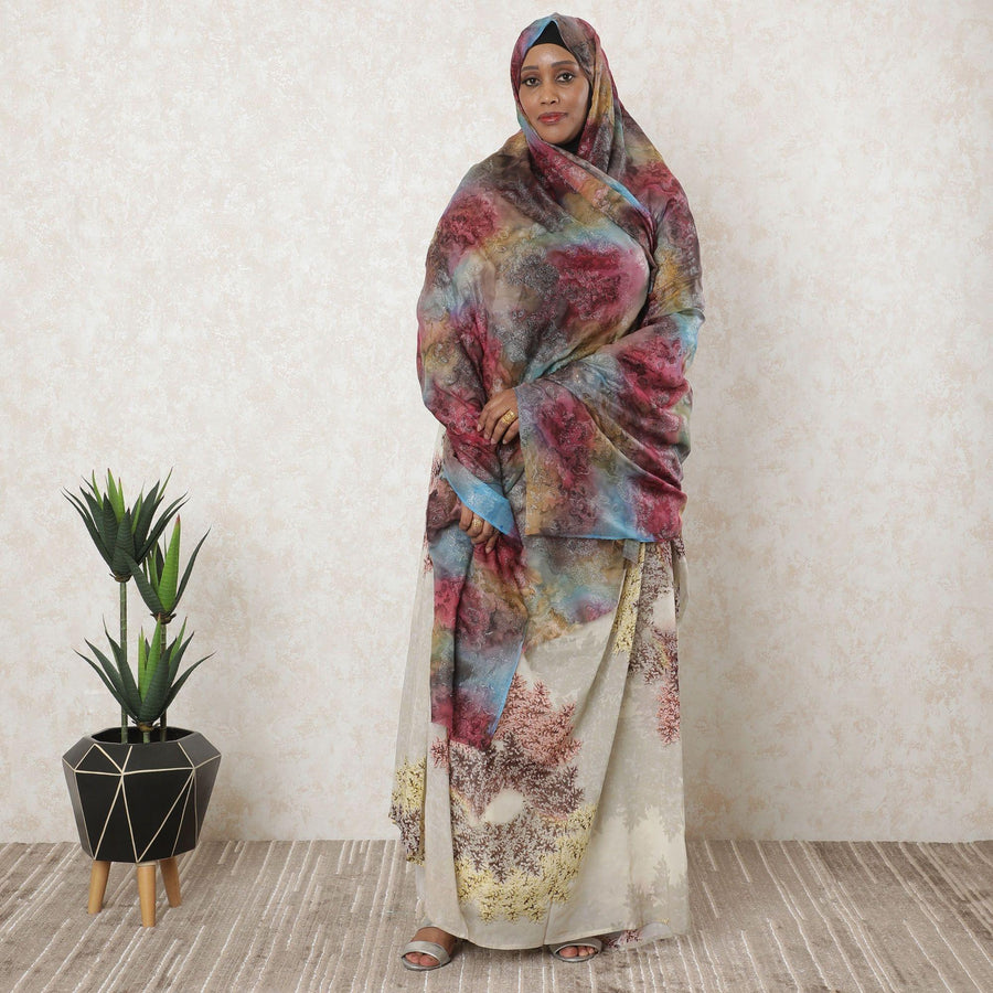 غارباسار شيفون حريري نقي فاخر متعدد الألوان بنفس اللون ولوريكس معدني فضي بتصميم زهور-D11603