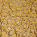 Mustard yellow cotton voile fabric with beige and brown embroidery in floral design-D14474