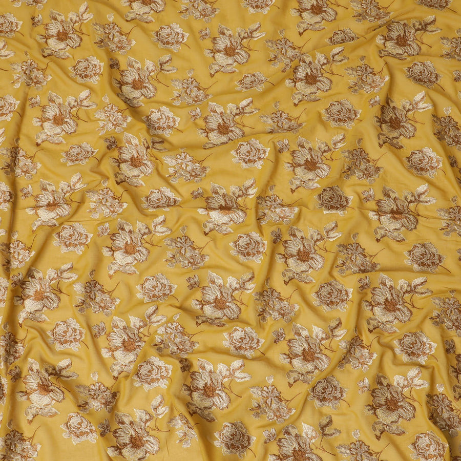 Mustard yellow cotton voile fabric with beige and brown embroidery in floral design-D14474