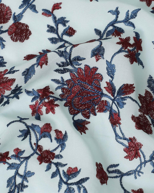Celeste blue cotton voile fabric with red and blue embroidery in floral design-11237
