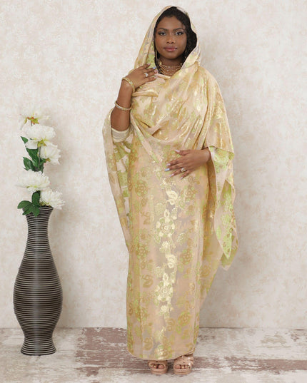 Light gold Premium pure French (Fransawi) silk chiffon thobe with sage green viscose and gold metallic lurex in floral design-D14381