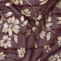 Plum  synthetic georgette fabric with same tone embroidery, gold sequins having gold foil print in floral design-D12233