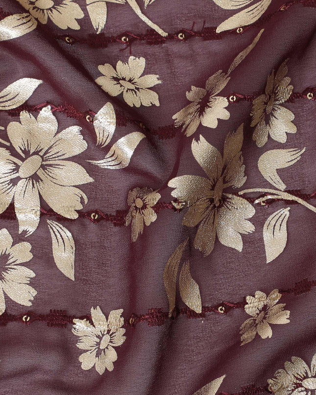 Plum  synthetic georgette fabric with same tone embroidery, gold sequins having gold foil print in floral design-D12233 Regal Fabrics