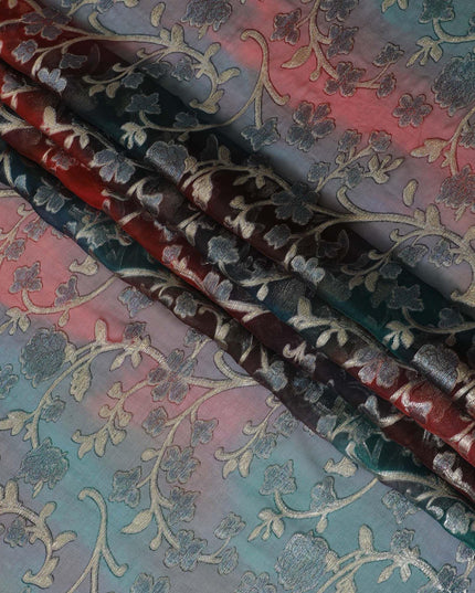 Black Premium pure silk chiffon fabric with gold metallic lurex in floral design-D12537