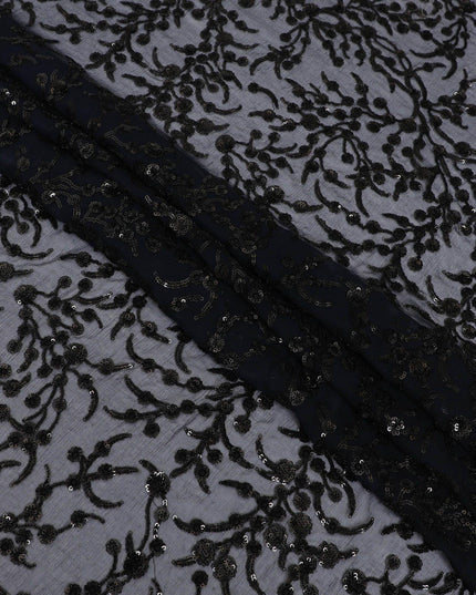 قماش شيفون من الحرير الخالص باللون الأزرق الداكن مع تطريز بالترتر الأسود بتصميم الأزهار-D13200