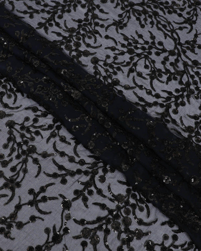 قماش شيفون من الحرير الخالص باللون الأزرق الداكن مع تطريز بالترتر الأسود بتصميم الأزهار-D13200