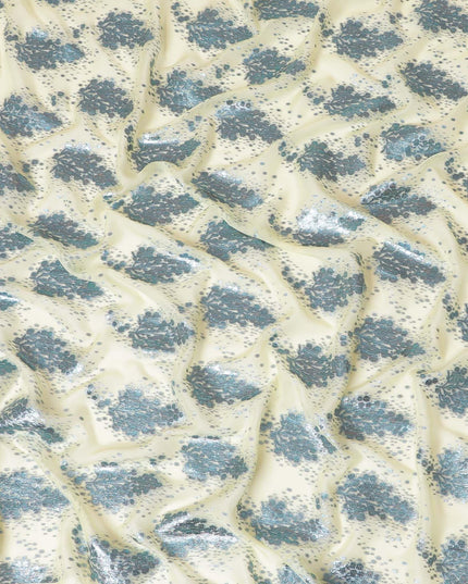 Banana yellow silk chiffon fabric with baby blue and copper metallic lurex in floral design-D8040