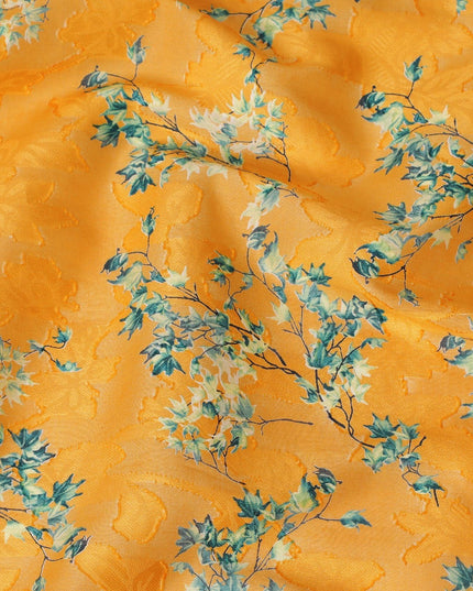 Malta orange uragiri cotton voile fabric with same tone jacquard having forest green and black print in floral design-D14331