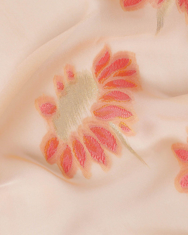 Light peach Premium pure silk chiffon fabric with peach viscose having gold metallic lurex in floral design-D14233
