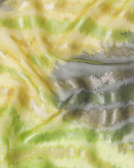 Lime green Premium pure French (Fransawi) silk chiffon fabric with gold metallic lurex in floral design-D14021