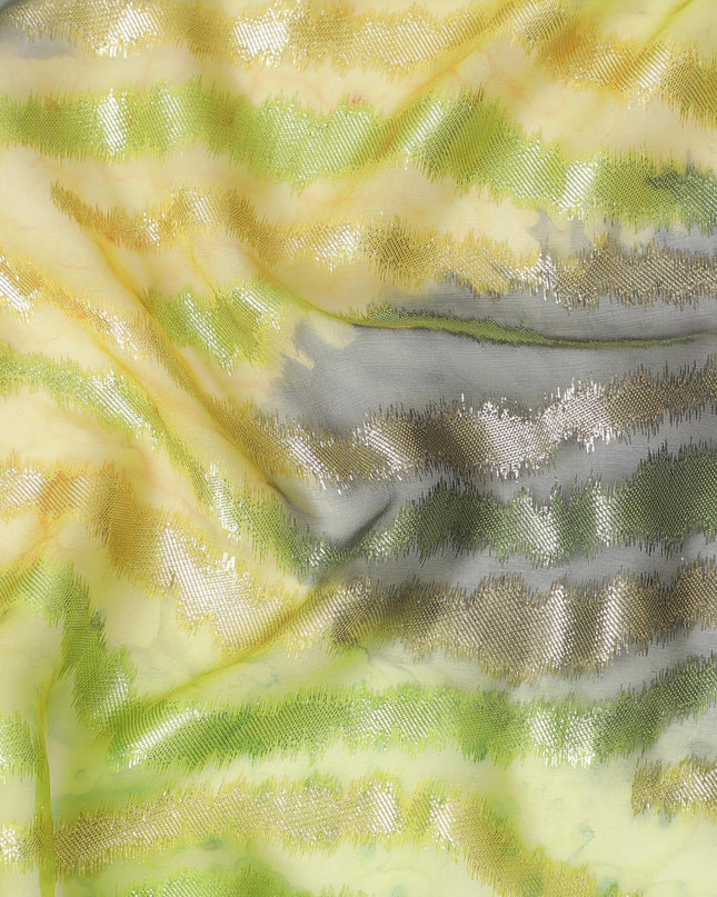 Lime green Premium pure French (Fransawi) silk chiffon fabric with gold metallic lurex in floral design-D14021
