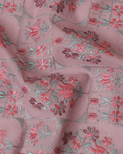 Thulian pink cotton voile fabric with peach, sage green and grey embroidery in floral design-D9774