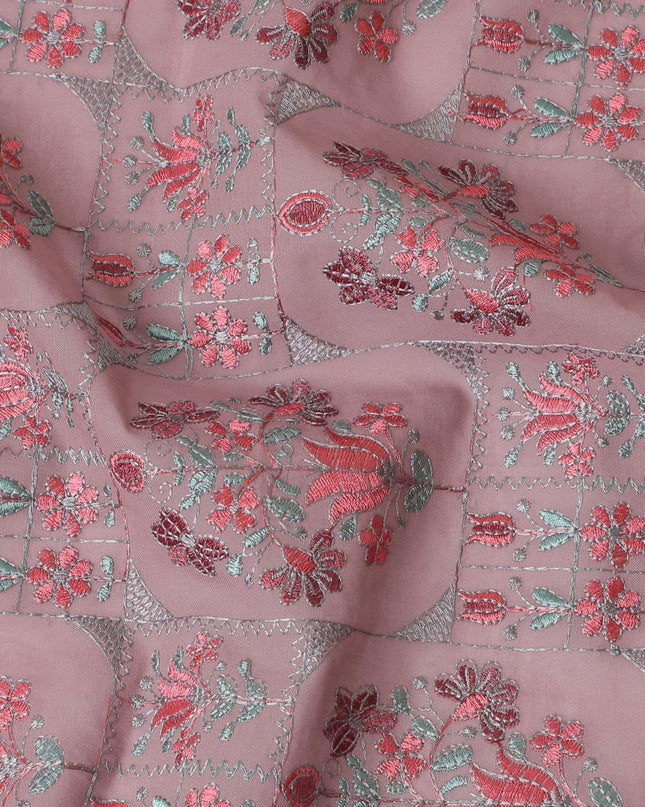 Thulian pink cotton voile fabric with peach, sage green and grey embroidery in floral design-D9774