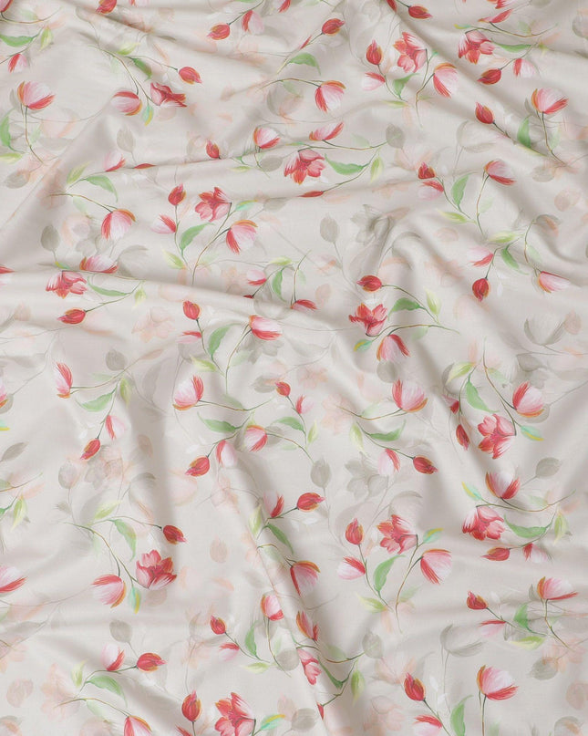 قماش ساتان قطني بيج فاتح مع طباعة متعددة الألوان بتصميم زهور-D15276