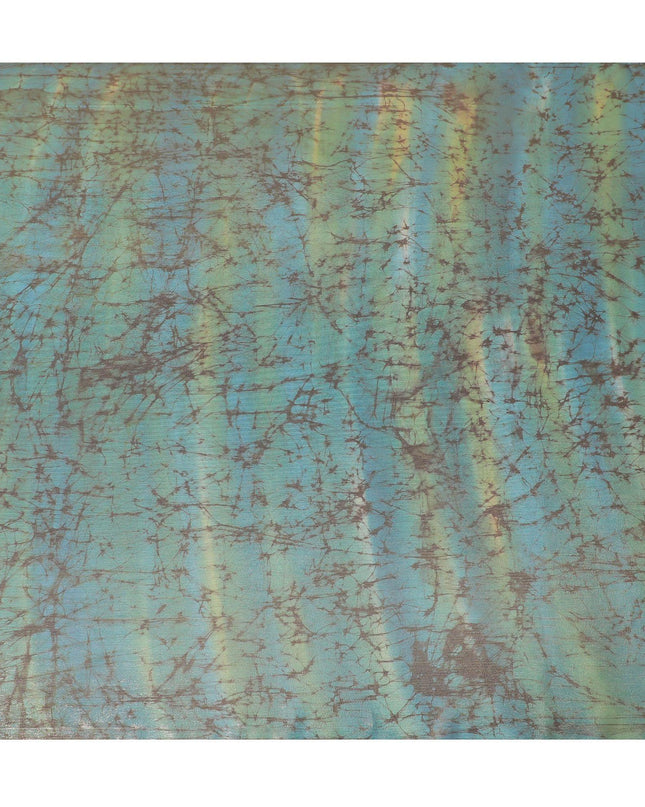 Aegean blue Premium pure silk chiffon with gold metallic lurex and brown prints in abstract design-D11394