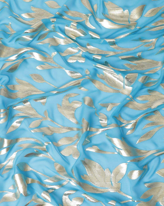 شيفون حريري نقي فاخر باللون الأزرق السماوي مع لوريكس معدني ذهبي بتصميم أوراق الشجر -D11359