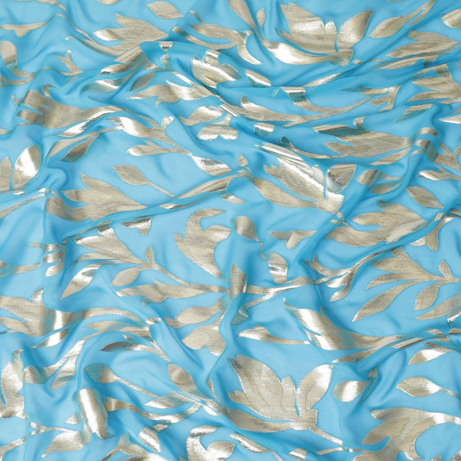 Sky blue Premium pure silk chiffon with gold metallic lurex in Leaf design-D11359