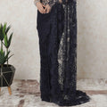 Navy blue, blue Premium French chantilly lace saree in floral design-D11458 Regal Fabrics