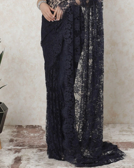 Navy blue, blue Premium French chantilly lace saree in floral design-D11458 Regal Fabrics